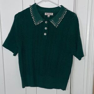 Nanette Lepore Green Short Sleeve Top with Pearl Collar